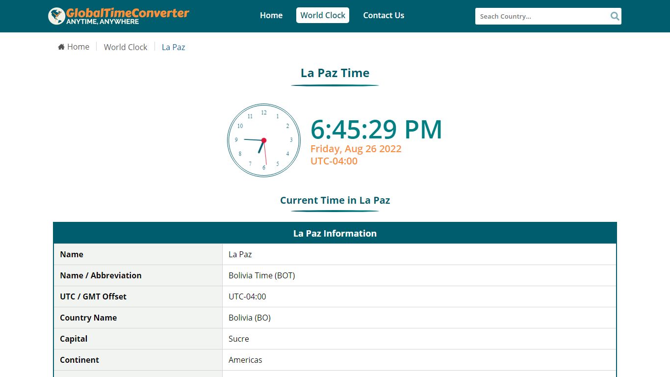 La Paz Time | Current Time in La Paz - Global Time Converter