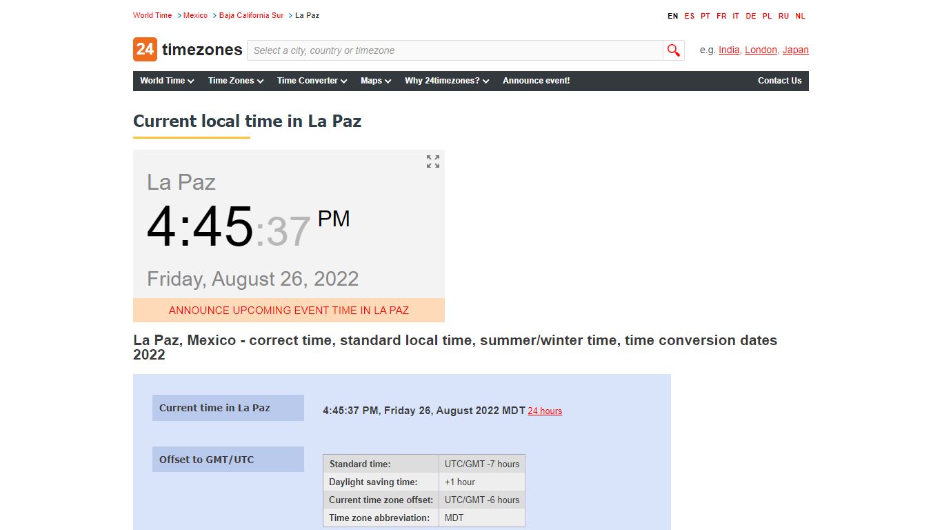 Time in La Paz - current local time, DST, summer/winter time 2022 ...